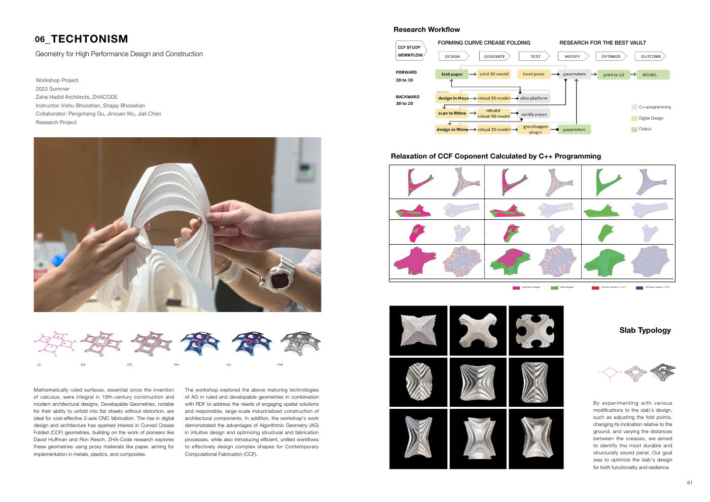 A collaborative computational design project showing a folded physical model, research workflow, and geometry studies
