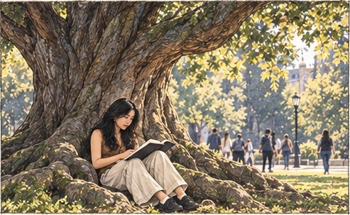 Julie reading under a large tree at the edge of campus.