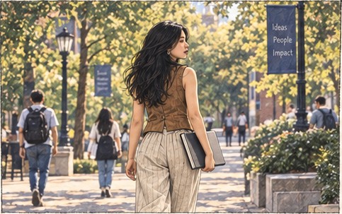 Julie walking across campus with a notebook.