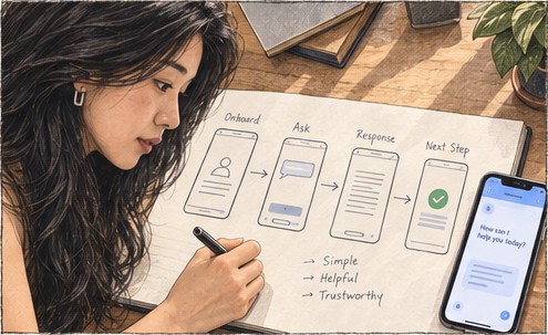 Julie sketching a simple app flow: onboard, ask, response, next step.