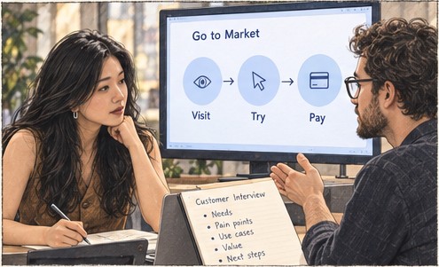 Julie discussing a go-to-market funnel with a founder.