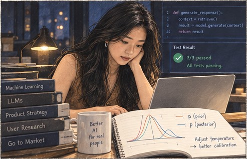 Julie studying machine learning notes late at night, calibration diagrams on a laptop.