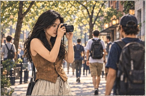 Julie photographing a city street while walking with a camera.