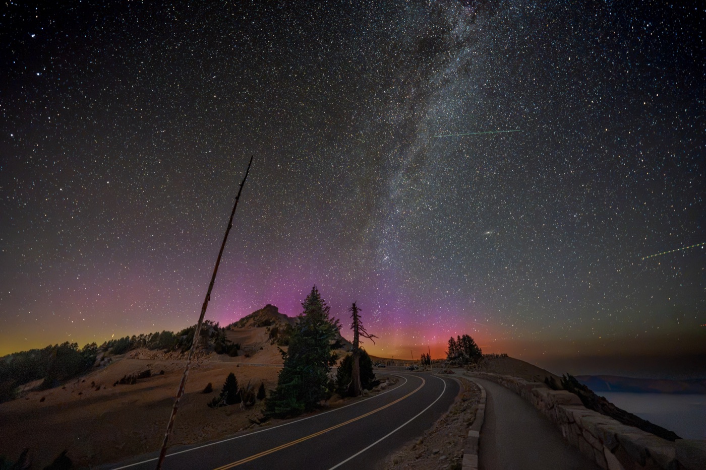 The Milky Way above a winding road and silhouetted trees